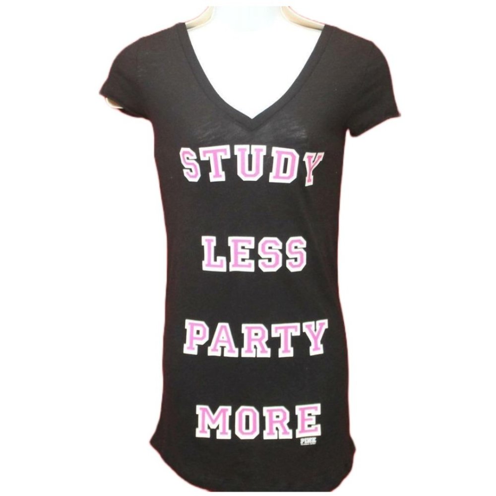 Victoria Secret Pink STUDY LESS PARTY MORE! Sleep Shirt XS 16" Pit2Pit